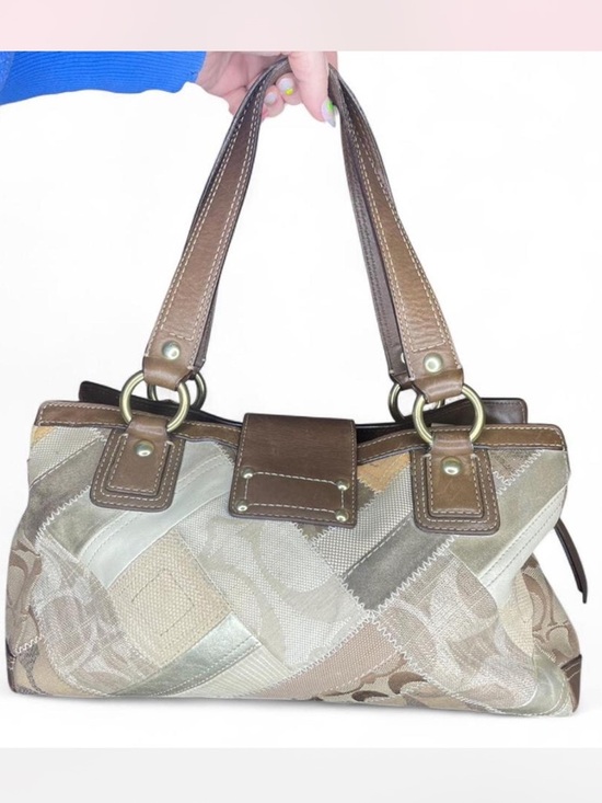 COACH Rare Signature Patchwork Turnlock Satchel Brown / Tan 